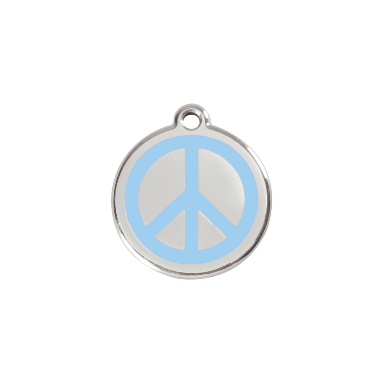 Vue avant - Médaille personnalisée pour chat ou chien - Red Dingo Émail et acier inoxydable - Motif Paix - Bleu clair - Taille S