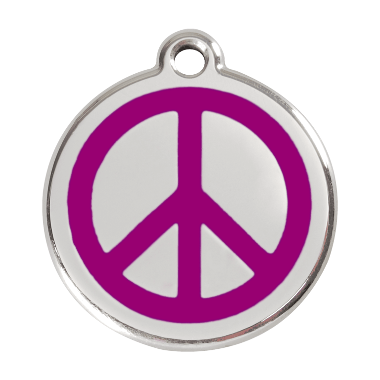 Vue avant - Médaille personnalisée pour chien - Red Dingo Émail et acier inoxydable - Motif Paix - Violet - Taille L