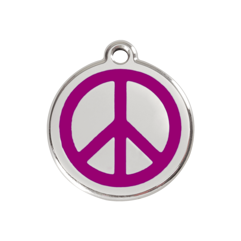 Vue avant - Médaille personnalisée pour chien ou chat - Red Dingo Émail et acier inoxydable - Motif Paix - Violet - Taille M