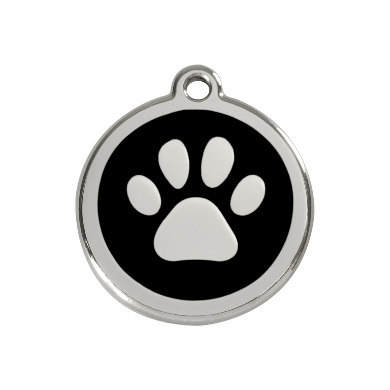 Vue avant - Médaille personnalisée pour chien ou chat Red Dingo Émail et acier inoxydable - Empreinte de patte - Noir - Taille M