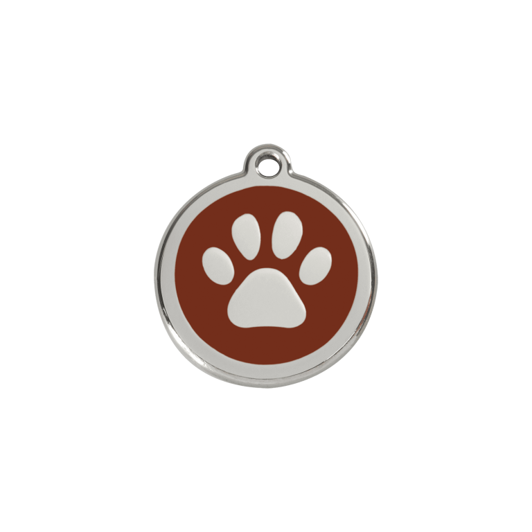 Vue avant - Médaille personnalisée pour chien/chat Red Dingo Émail et acier inoxydable - Empreinte de patte - Brun - Taille S