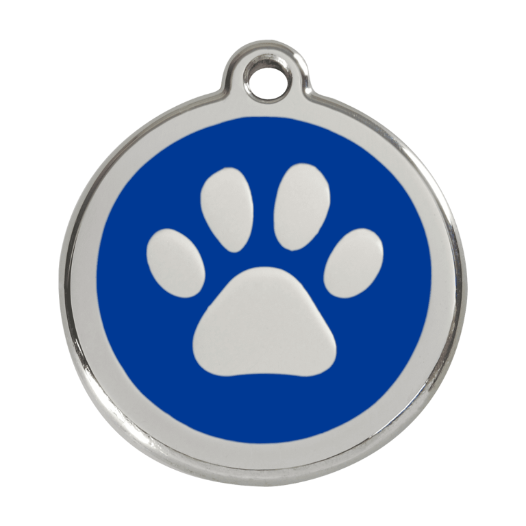 Vue avant - Médaille personnalisée pour chien Red Dingo Émail et acier inoxydable - Empreinte de patte - Bleu foncé - Taille L