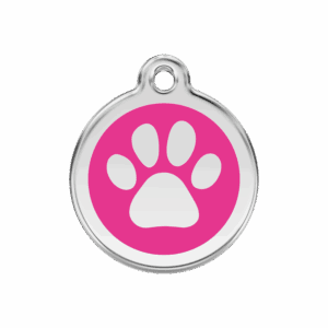 Médaille chien M empreinte de patte rose vif en émail et acier inoxydable