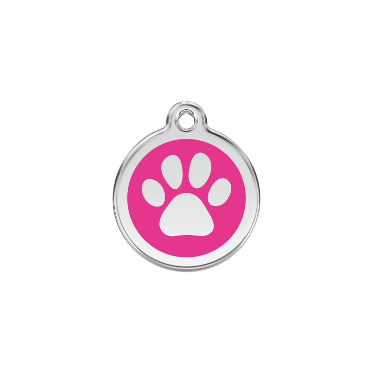 Vue avant - Médaille personnalisable pour chien/chat Red Dingo Émail/Acier inoxydable - Empreinte de patte - Rose vif - Taille S