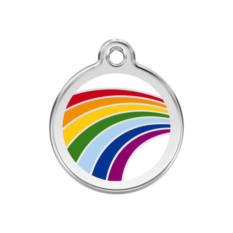 Vue avant - Médaille personnalisée pour chien Red Dingo Émail et acier inoxydable arc-en-ciel blanc - Taille M