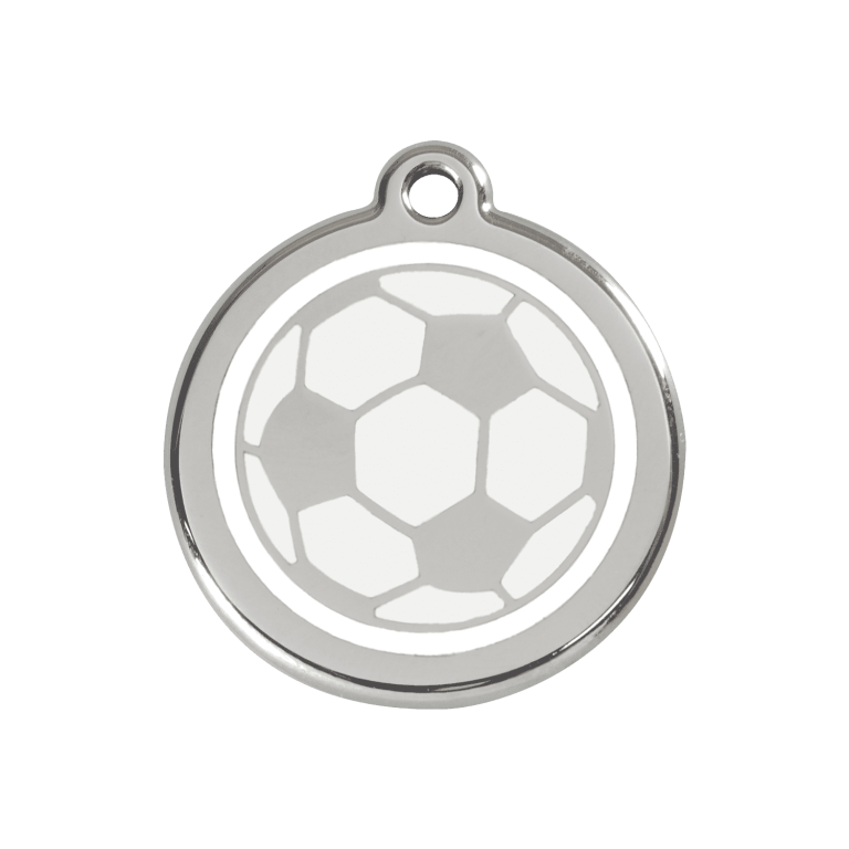 Vue avant - Médaille personnalisée pour chien Red Dingo Émail et acier inoxydable - Ballon de football blanc - Taille M