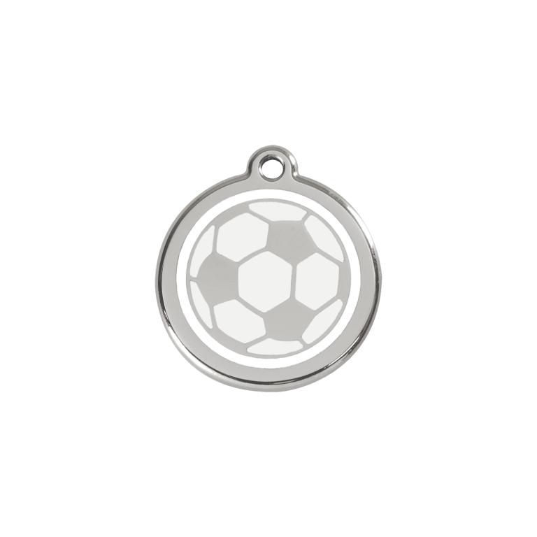 Vue avant - Médaille personnalisée pour chien/chat Red Dingo Émail et acier inoxydable - Ballon de football blanc - Taille S