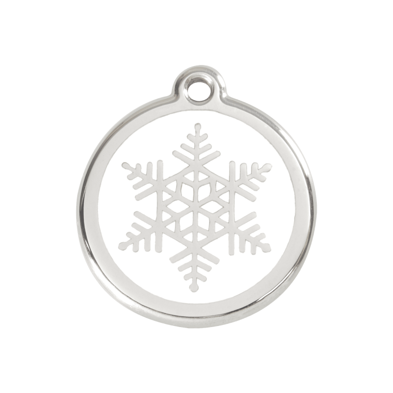 Vue avant - Médaille personnalisée pour chien/chat Red Dingo Émail et acier inoxydable - Flocon de neige blanc - Taille M