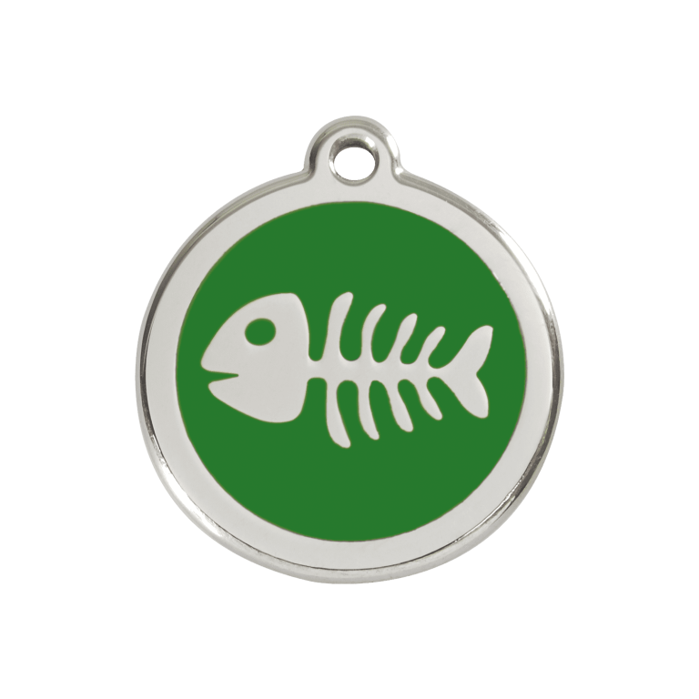 Vue avant - Médaille personnalisable pour chien ou chat - Red Dingo - Squelette de poisson vert - Taille M