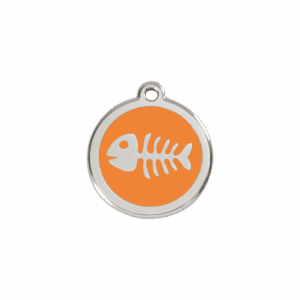 Médaille chat S squelette de poisson orange émail et acier inoxydable