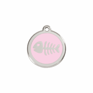 Médaille chat squelette de poisson émail rose S
