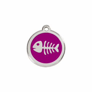 Médaille chat S squelette de poisson violet émail et acier inoxydable