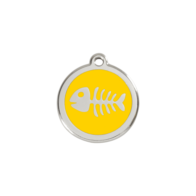 Vue avant - Médaille personnalisée pour chien/chat Red Dingo Émail/Acier Jaune Squelette Poisson - Taille S - 01-SK-YE-SM