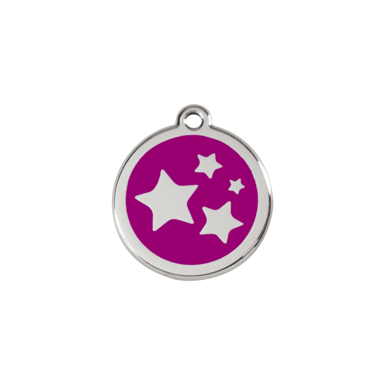 Vue avant - Médaille personnalisable pour chien/chat Red Dingo Émail et acier inoxydable - Motif étoile violet - Taille S