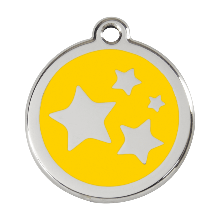 Vue avant - Médaille personnalisée pour chien ou chat - Red Dingo Émail et acier inoxydable - Motif étoile jaune - Taille L
