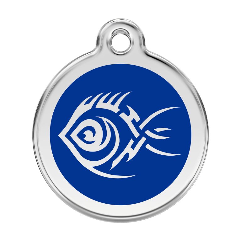 Vue avant - Médaille personnalisée pour chien Red Dingo Émail et acier inoxydable Poisson tribal Bleu foncé - Taille L