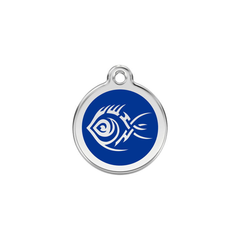 Vue avant - Médaille personnalisée pour chien/chat Red Dingo Émail/Acier inoxydable Poisson tribal Bleu foncé - Taille S