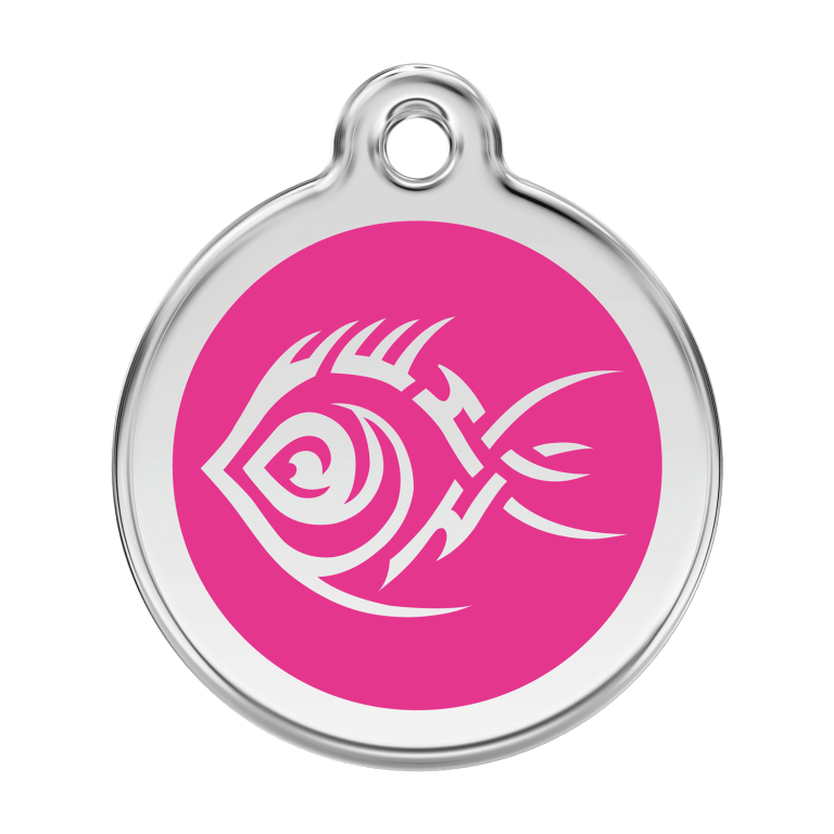 Vue avant - Médaille personnalisée pour chien Red Dingo Émail et acier inoxydable Poisson tribal Rose vif - Taille L