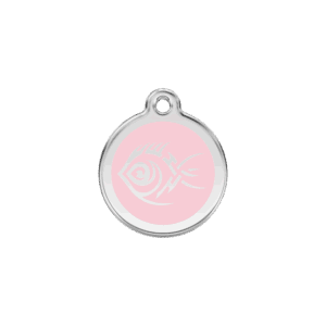 Vue avant - Médaille personnalisable en émail et acier inoxydable pour chat - Motif poisson tribal rose - Red Dingo 01-TF-PK-SM
