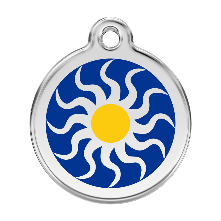 Vue avant - Médaille personnalisée pour chien Red Dingo Émail et acier inoxydable - Soleil tribal - Bleu foncé - Taille L