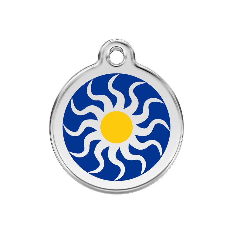Vue avant - Médaille personnalisée pour chien/chat Red Dingo Émail/Acier inoxydable Soleil Tribal Bleu foncé - Taille M