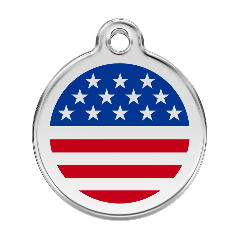 Vue avant - Médaille personnalisée pour chien Red Dingo Émail et acier inoxydable Drapeau américain 38mm Bleu foncé