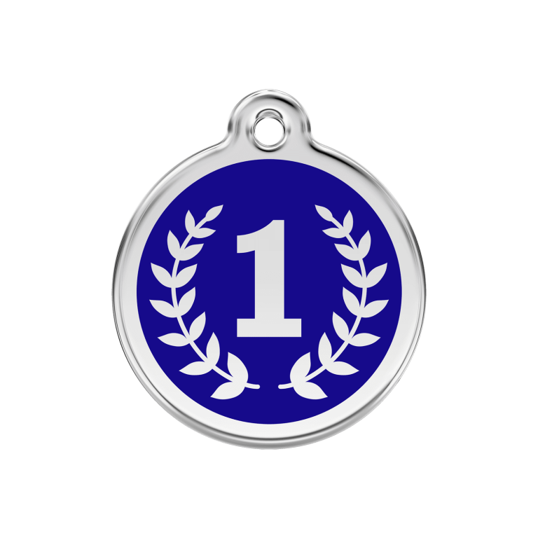 Vue avant - Médaille personnalisée pour chien Red Dingo Émail et acier inoxydable - Motif Gagnant - Bleu foncé - Taille M
