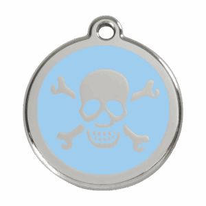 Médaille chien tête de mort bleu clair L émail et acier inoxydable