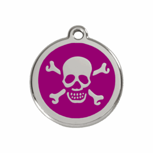 Vue avant - Médaille personnalisée pour chien ou chat - Red Dingo Émail et acier inoxydable - Tête de mort violet - Taille M
