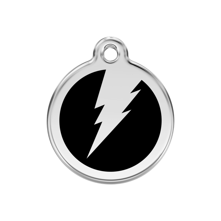 Vue avant - Médaille personnalisée pour chien Red Dingo Émail et acier inoxydable - Motif éclair noir - Taille M