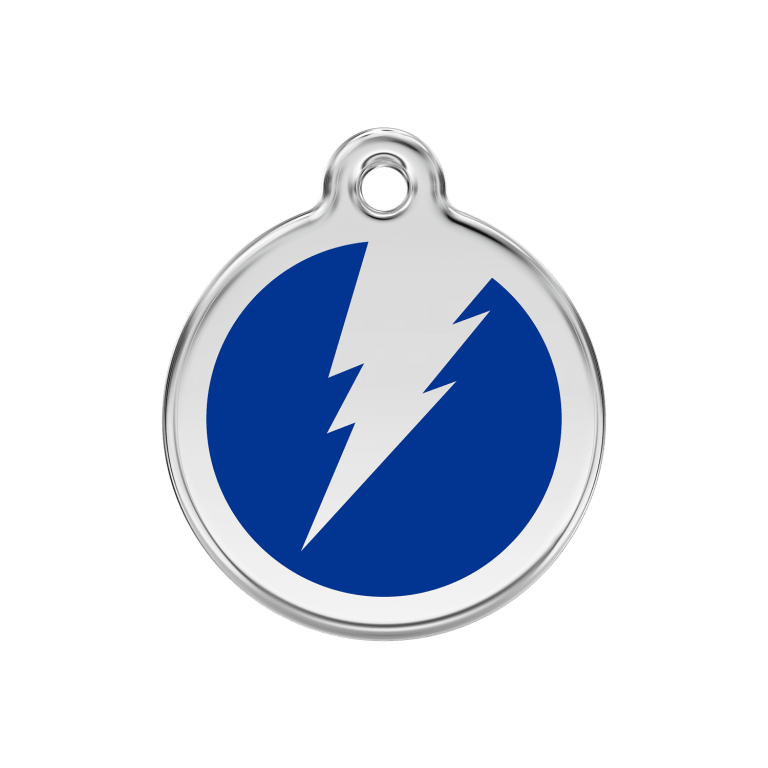 Vue avant - Médaille personnalisée pour chien/chat Red Dingo Émail et acier inoxydable - Motif éclair - Bleu foncé - Taille M
