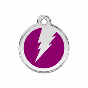 Vue avant - Médaille personnalisée pour chien/chat Red Dingo Émail et acier inoxydable - Motif éclair Violet - Taille M
