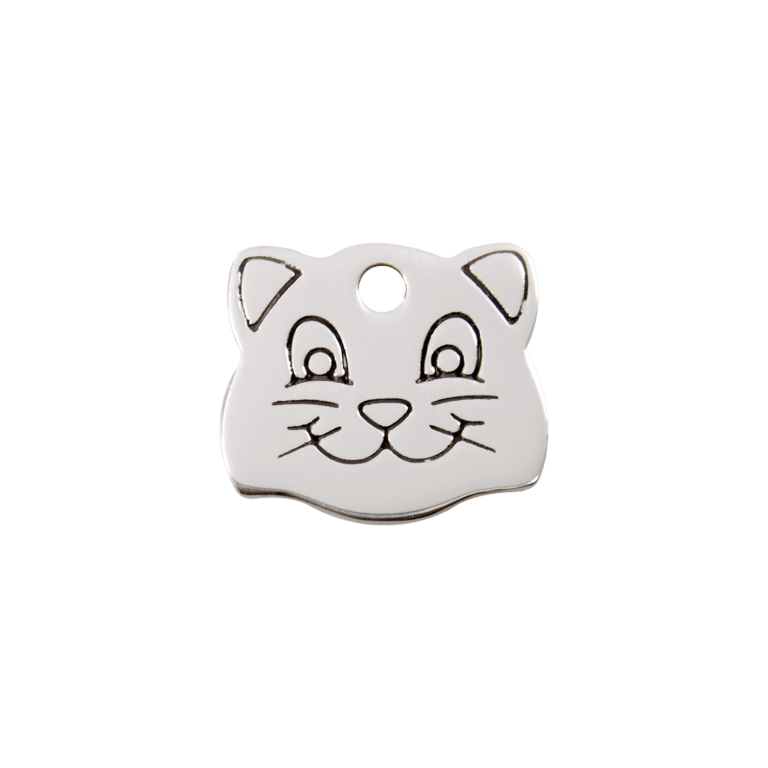 Vue avant - Médaille personnalisée pour chat Red Dingo - Plat en acier inoxydable - Tête de chat - Taille S