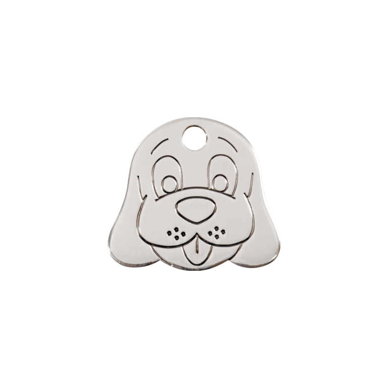 Vue avant - Médaille personnalisée Red Dingo pour chien ou chat - Plat acier inoxydable - Tête de chien - Taille S