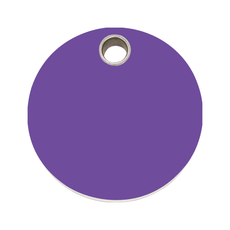 Vue avant - Médaille personnalisée pour chien ou chat - Red Dingo - Collection Plastique Plat - Cercle Violet - Taille L