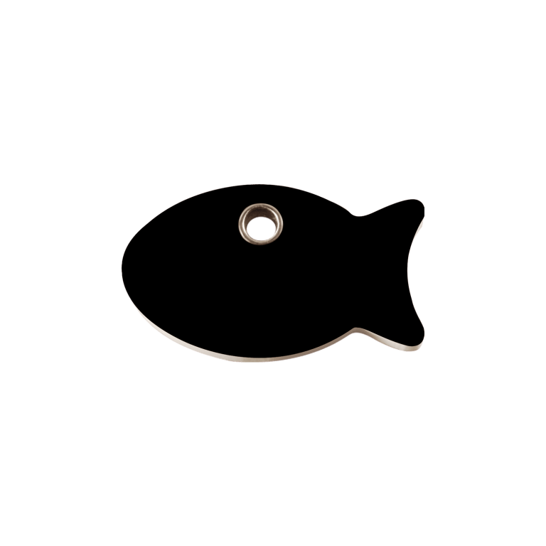 Vue avant - Médaille personnalisable pour chat Red Dingo Plastique Plat Poisson Noir Taille S