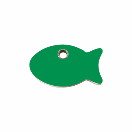 Vue avant - Médaille personnalisée pour chat Red Dingo Plastique plat motif poisson vert - Taille S