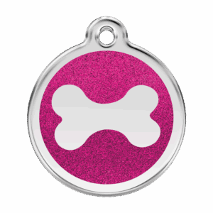 Médaille chien os scintillant émail pailleté rose vif L