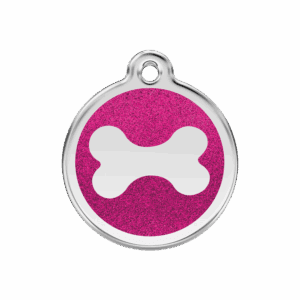Médaille chien os scintillant émail pailleté rose vif M