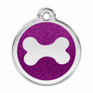 Médaille chien os scintillant émail pailleté violet Taille L
