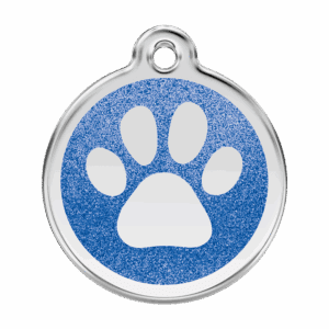 Vue avant - Médaille personnalisée pour chien Red Dingo Émail pailleté bleu foncé - Taille L - Empreinte de patte scintillante