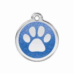 Vue avant - Médaille personnalisée pour chien/chat Red Dingo Émail pailleté bleu foncé 30mm - Empreinte de patte scintillante
