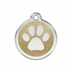 Vue avant - Médaille personnalisée pour chien/chat Red Dingo Émail pailleté Or - Empreinte de patte - Gravure incluse