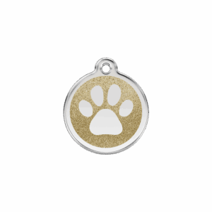 Vue avant - Médaille personnalisée pour chien/chat Red Dingo Émail pailleté Or - Empreinte de patte - Taille S
