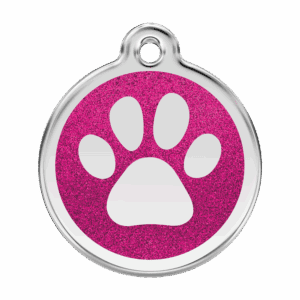 Vue avant - Médaille personnalisable pour chien ou chat - Empreinte de patte scintillante rose vif Red Dingo