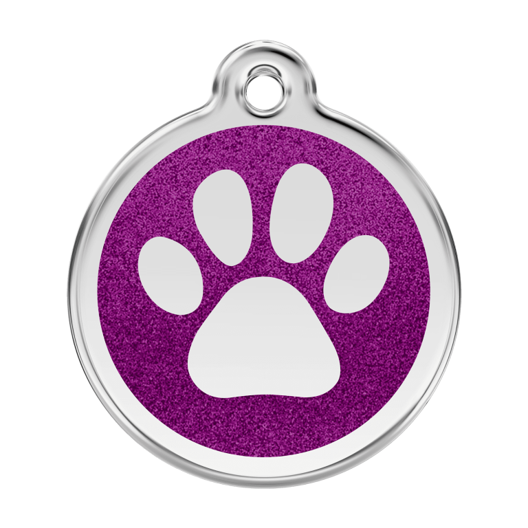 Vue avant - Médaille personnalisée pour chien ou chat - Empreinte de patte scintillante violet - Red Dingo