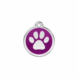 Vue avant - Médaille personnalisée pour chien/chat Red Dingo Émail pailleté violet - Empreinte de patte scintillante - Taille S