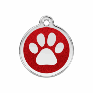 Vue avant - Médaille personnalisée pour chien/chat Red Dingo Émail Pailleté Rouge - Empreinte de Patte Scintillante