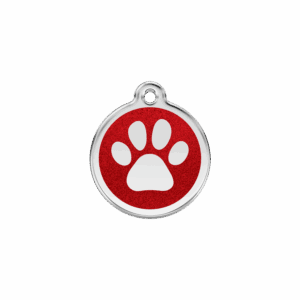 Vue avant - Médaille personnalisée pour chien/chat Red Dingo Émail pailleté rouge - Empreinte de patte scintillante - Taille S