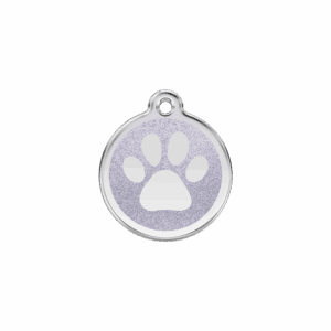 Vue avant - Médaille personnalisée pour chien/chat Red Dingo Émail pailleté argent 20.00mm - Empreinte de patte scintillante